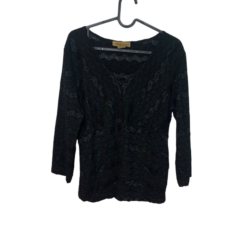 Vintage Notations Womens Black Lace 3/4 Sleeve V Neck Top L Whimsigoth Party
